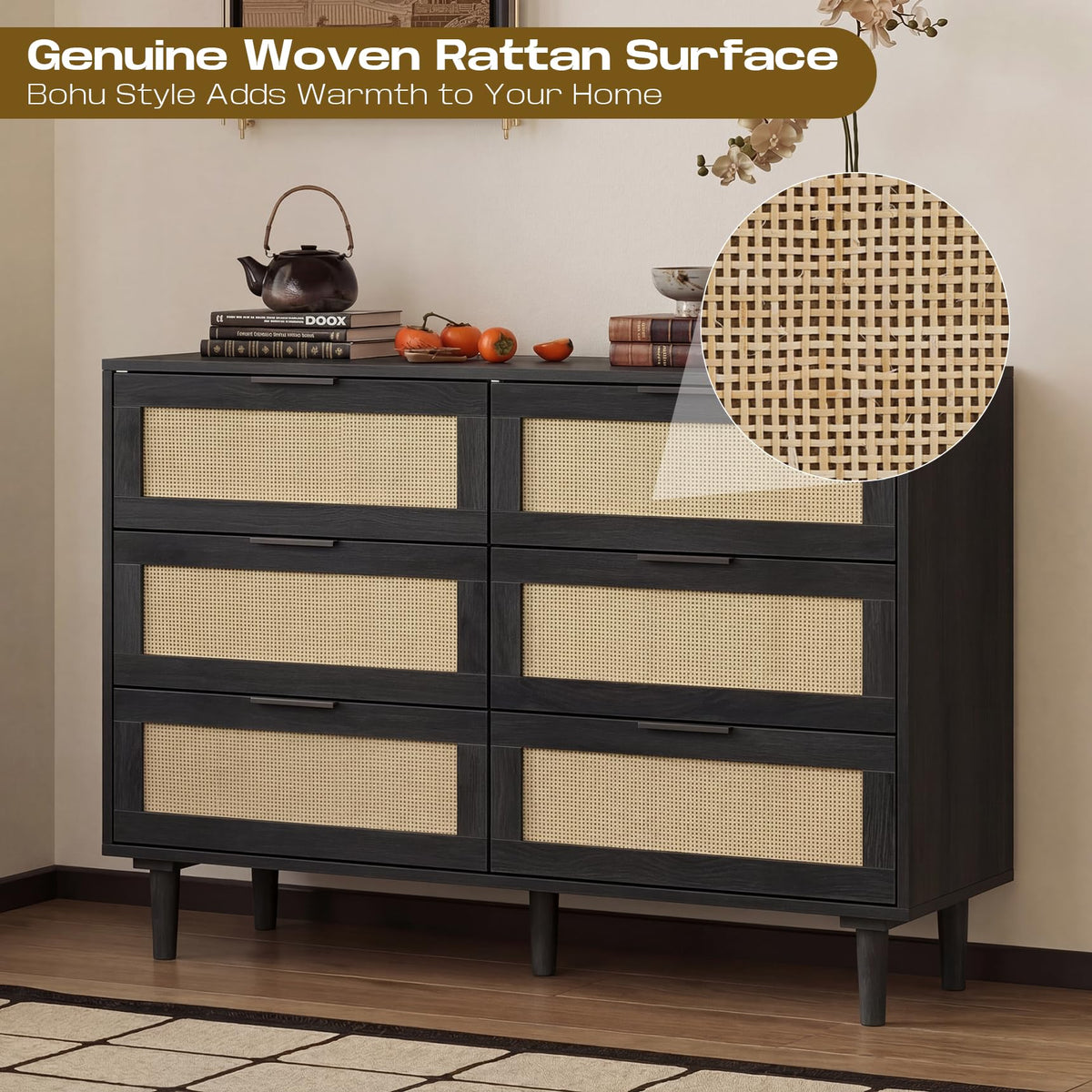 6 Drawer Rattan Wood Dresser T976