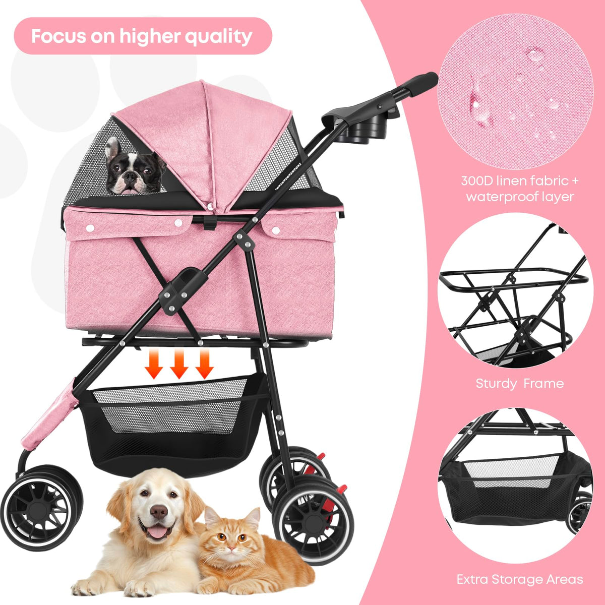 Pink 3 Wheels Pet Stroller M7798