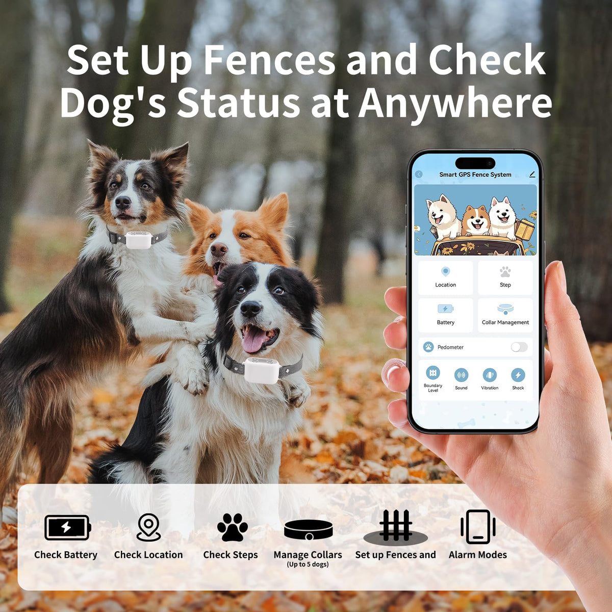 Wireless Dog Fence System with App Control, IPX7 Waterproof, up to 5 Dogs W43595