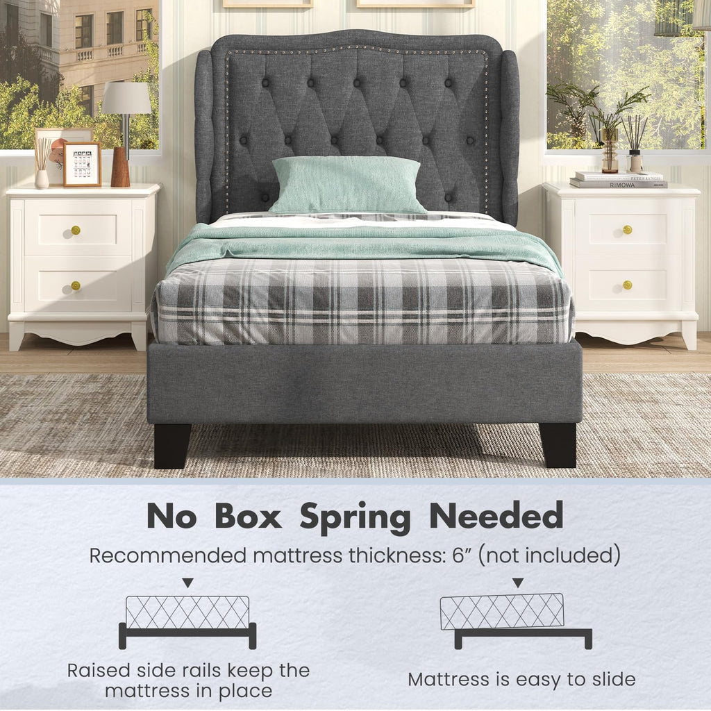 Grey Linen Upholstered Twin Bed Frame with Headboard B949849
