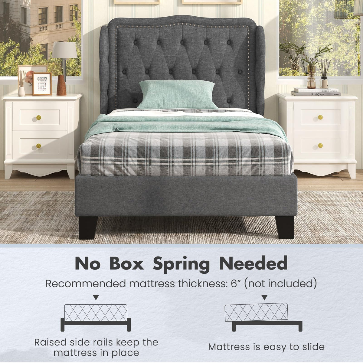 Grey Linen Upholstered Twin Bed Frame with Headboard B949849