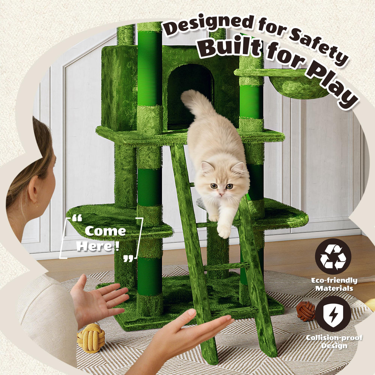 70.87" Green Multi-Level Cat Tree with Condos and Hammock U38951