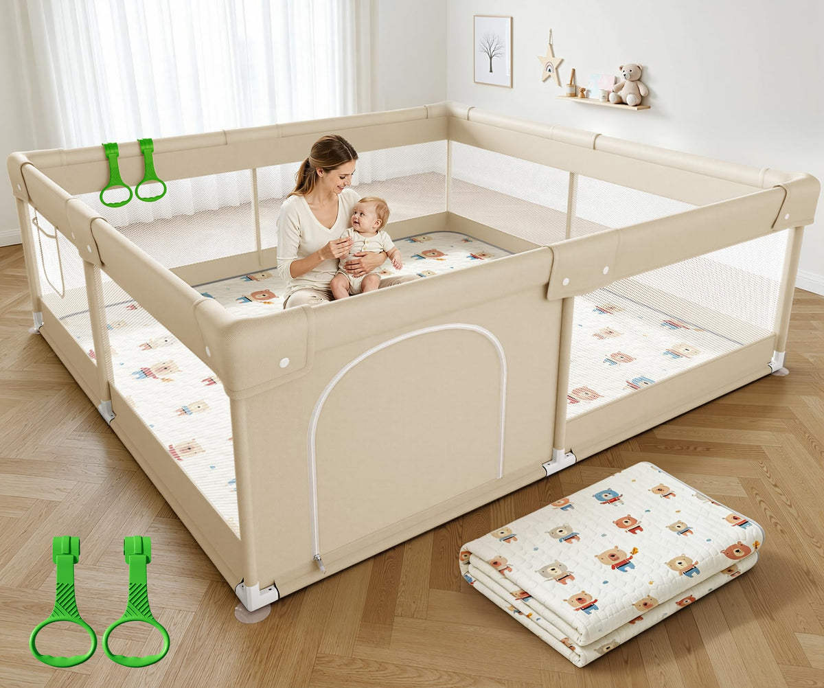 Baby Playpen with Mat, 47x47in Beige A337060