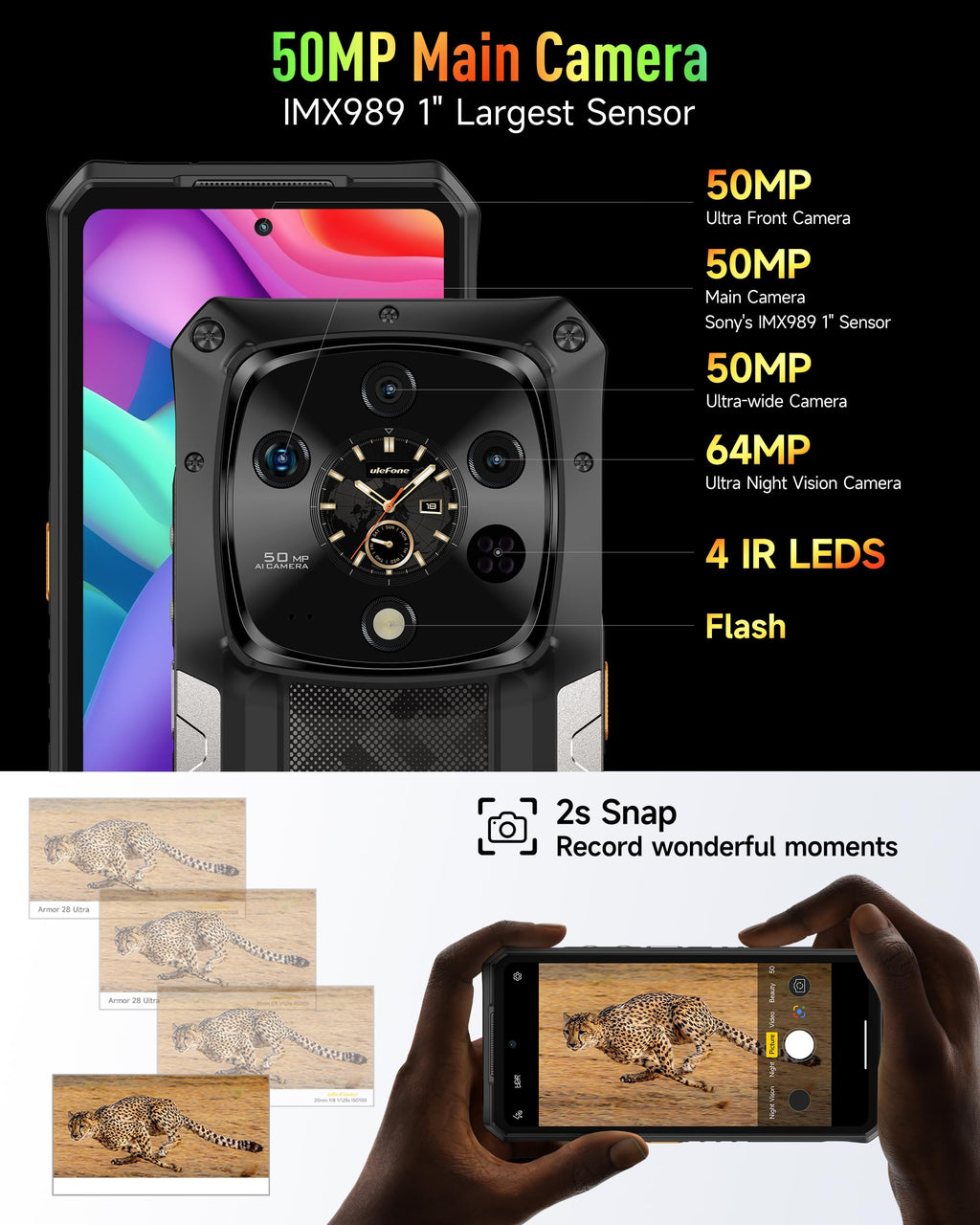 5G AI Rugged Phone, 32GB+1TB/2TB Expansion, 6.67" Dual Screen, 64MP+50MP+50MP Camera, 120W, IP68/IP69K, Android 15 Y176847