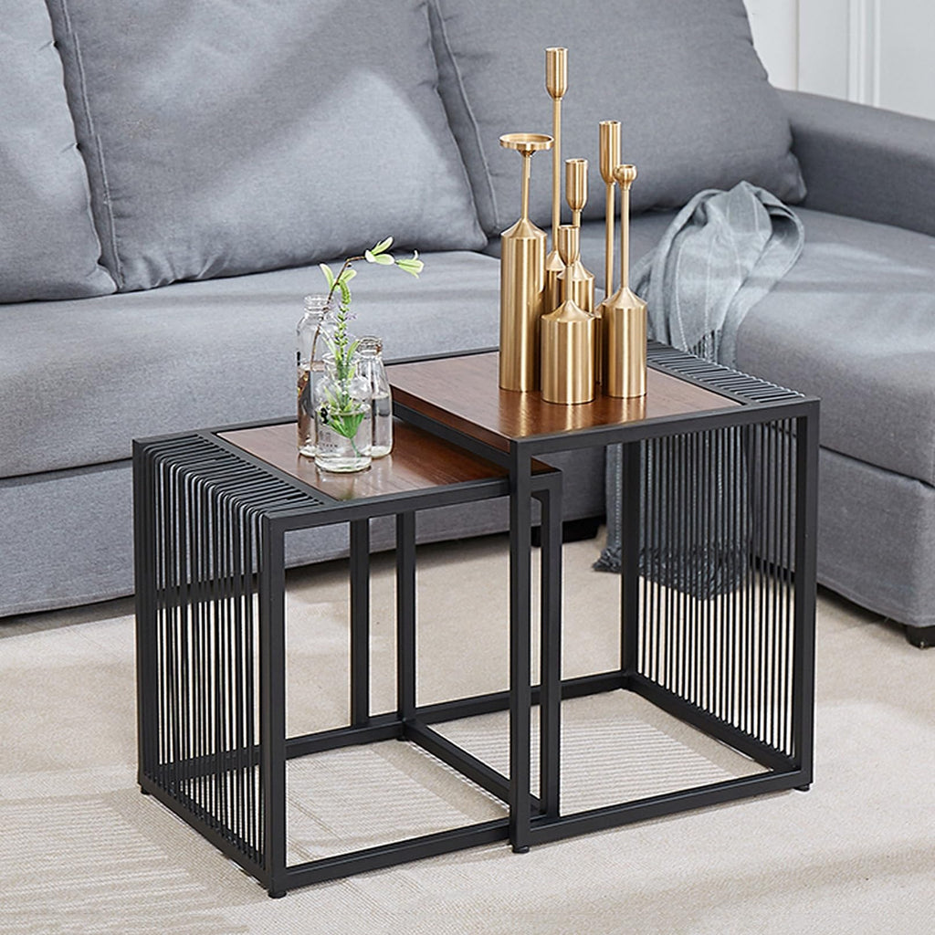Set of 2 Square Nesting Coffee Table with Metal Frame K484