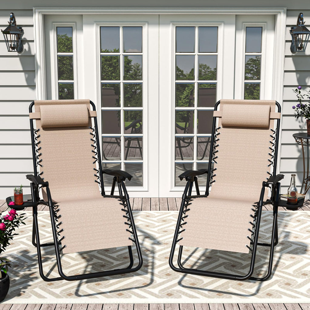 Set of 2 Adjustable Zero Gravity Lounge Chairs with Cup Holder Tray T33843