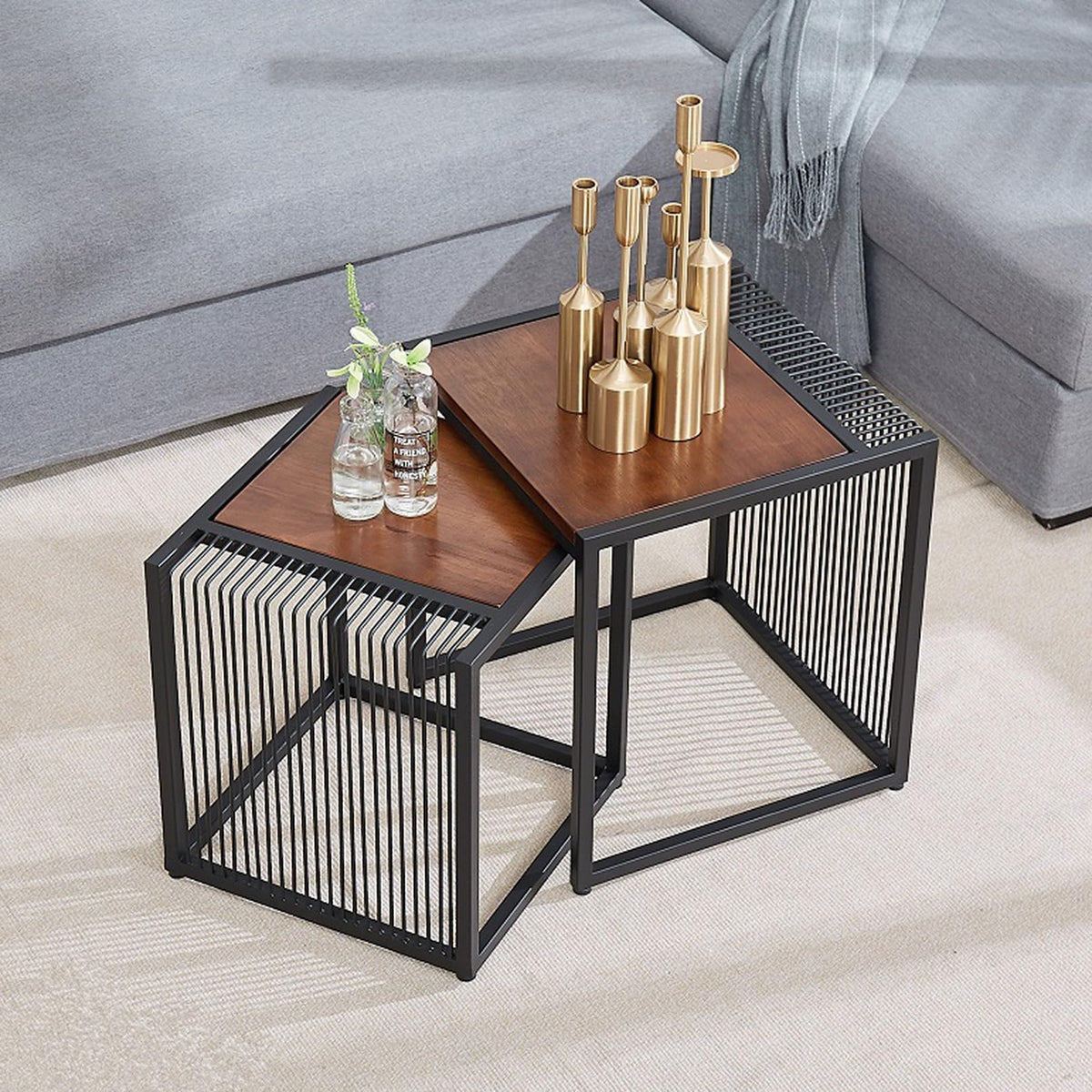 Set of 2 Square Nesting Coffee Table with Metal Frame K484
