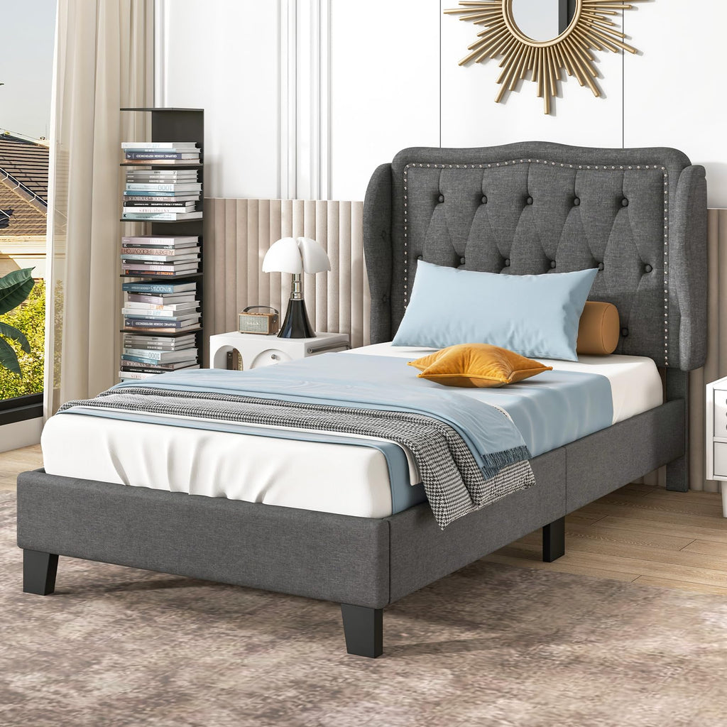 Grey Linen Upholstered Twin Bed Frame with Headboard B949849