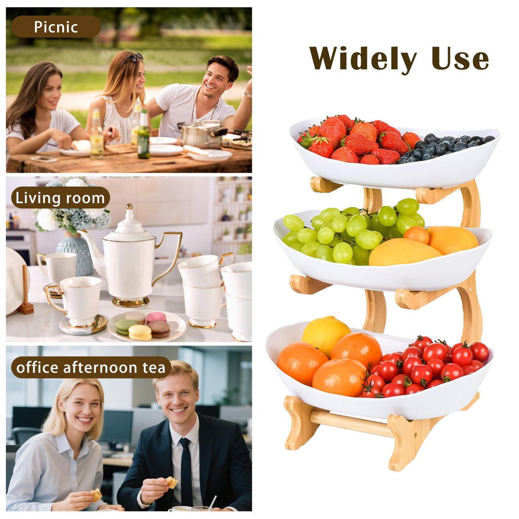 3 Tier Plastic Fruit Bowl with Bamboo Stand O1300