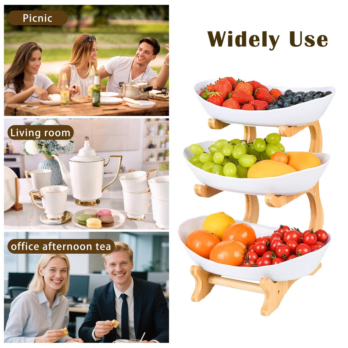 3 Tier Plastic Fruit Bowl with Bamboo Stand O1300