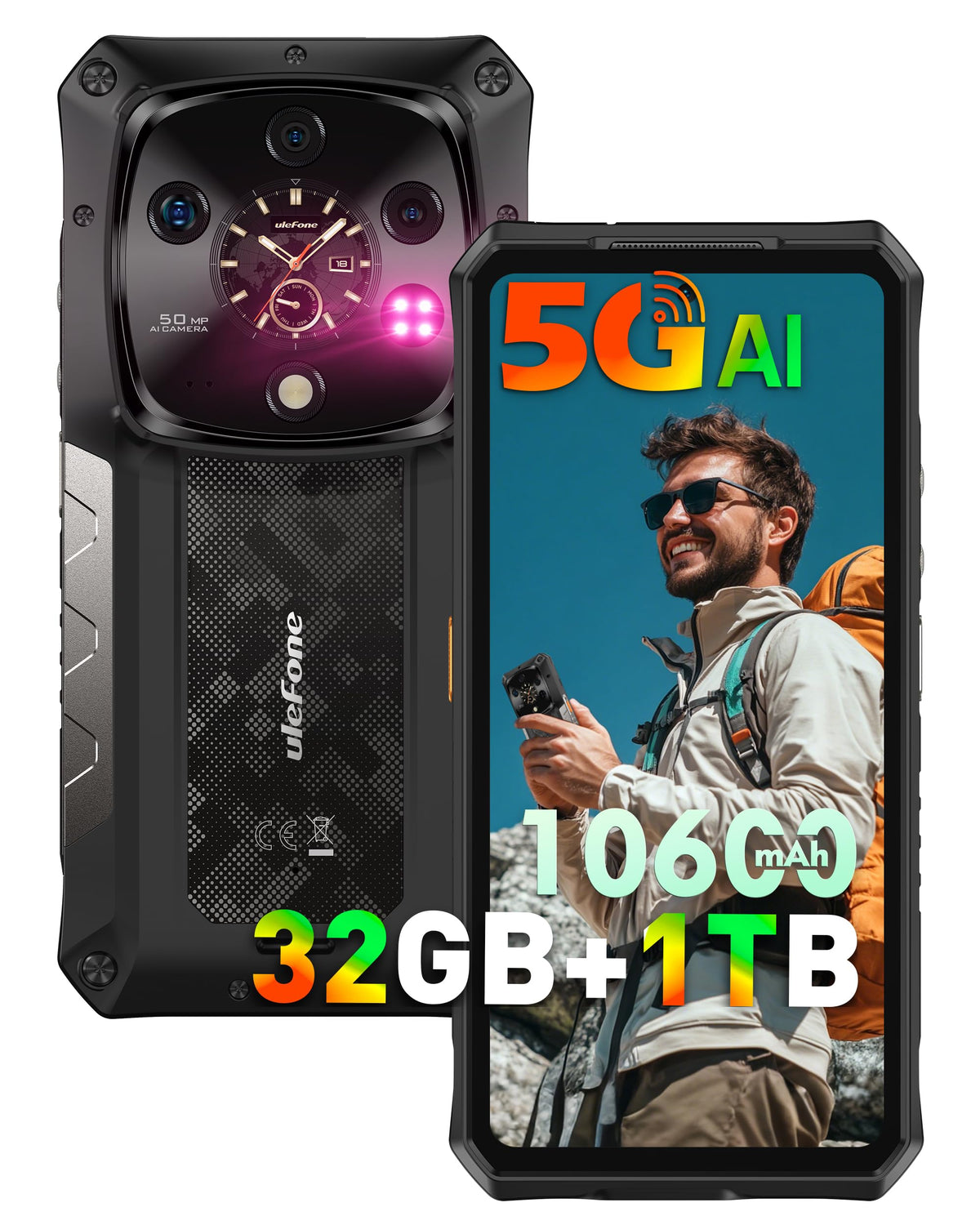 5G AI Rugged Phone, 32GB+1TB/2TB Expansion, 6.67" Dual Screen, 64MP+50MP+50MP Camera, 120W, IP68/IP69K, Android 15 Y176847