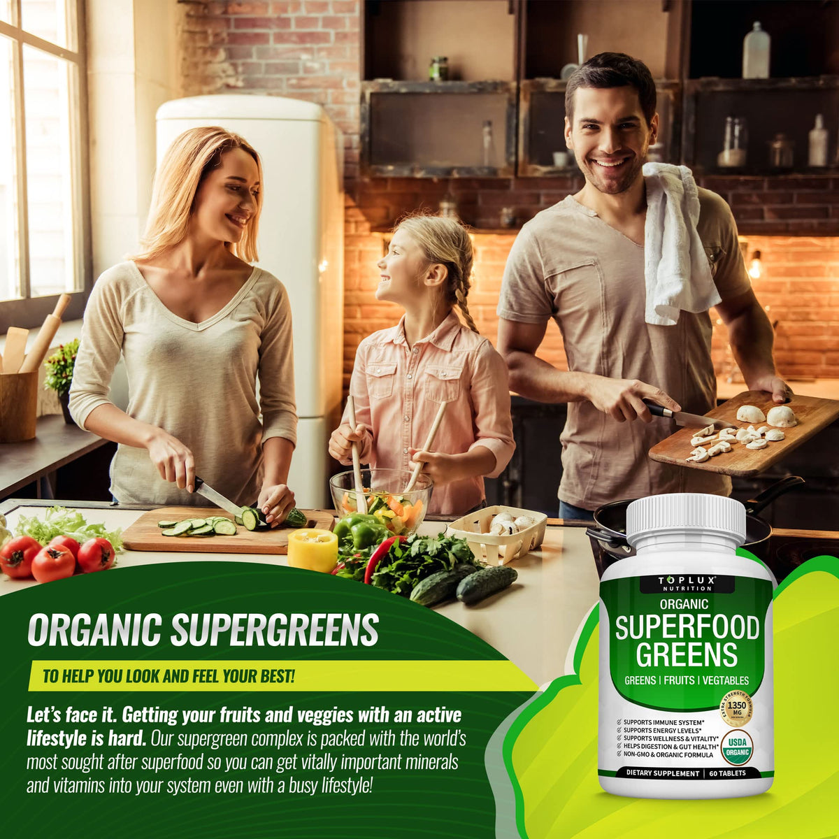 Organic Super Greens Capsules Superfood Supplement 60 Tablets N9868