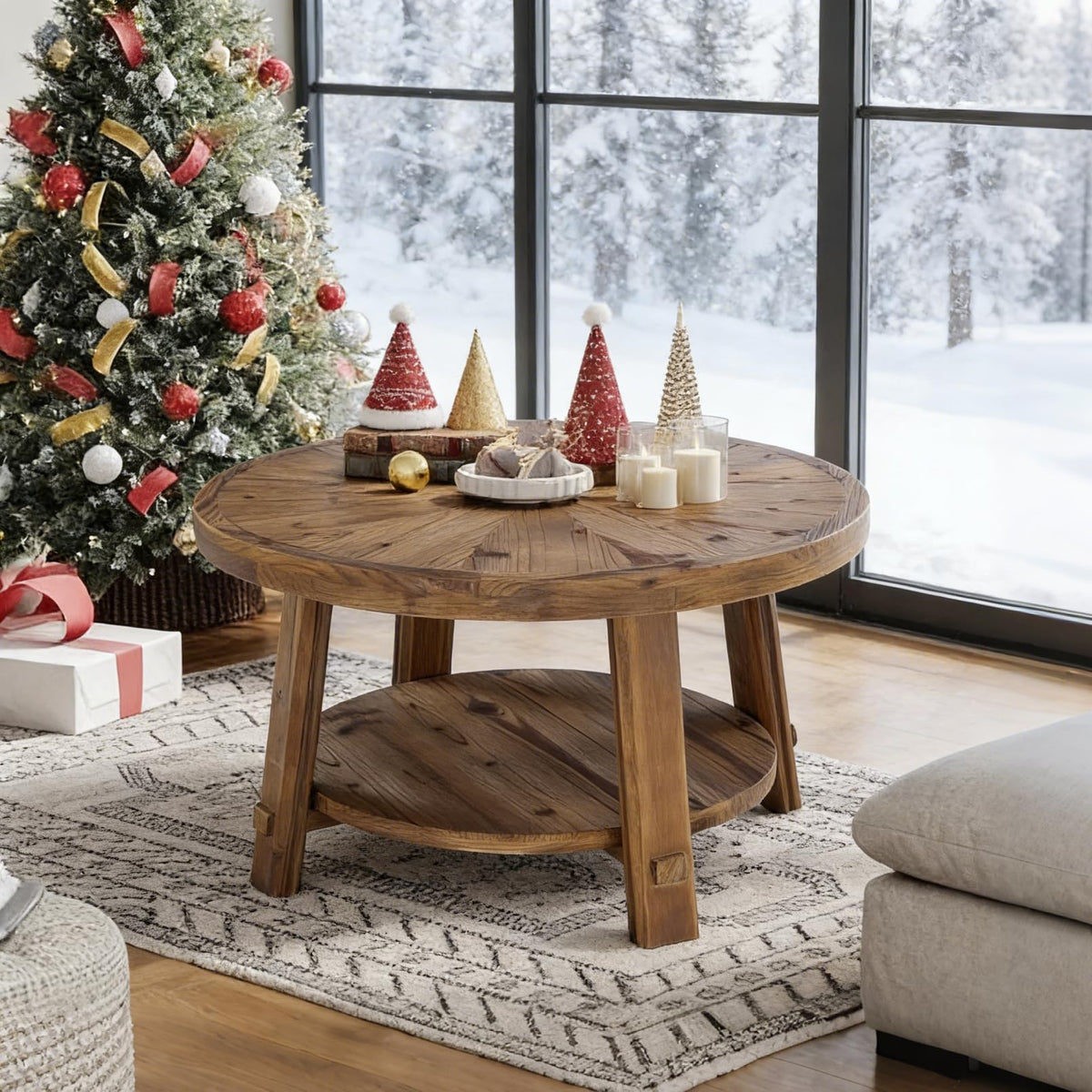 Solid Wood 2-Tier Round Coffee Table with Storage L26894