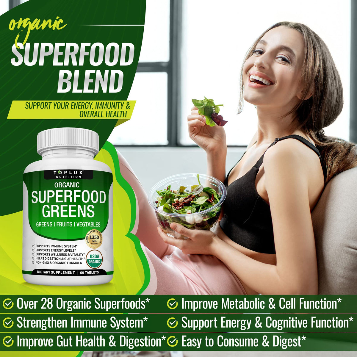Organic Super Greens Capsules Superfood Supplement 60 Tablets N9868