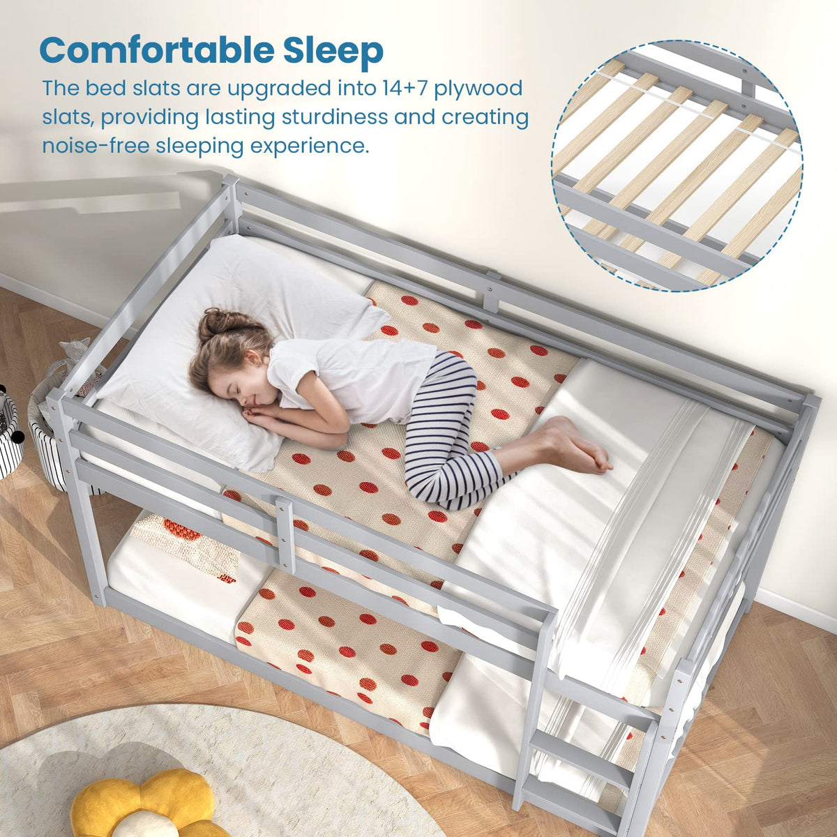 Twin Over Twin Solid Wood Low Bunk Bed with Ladder and Guardrails O358321