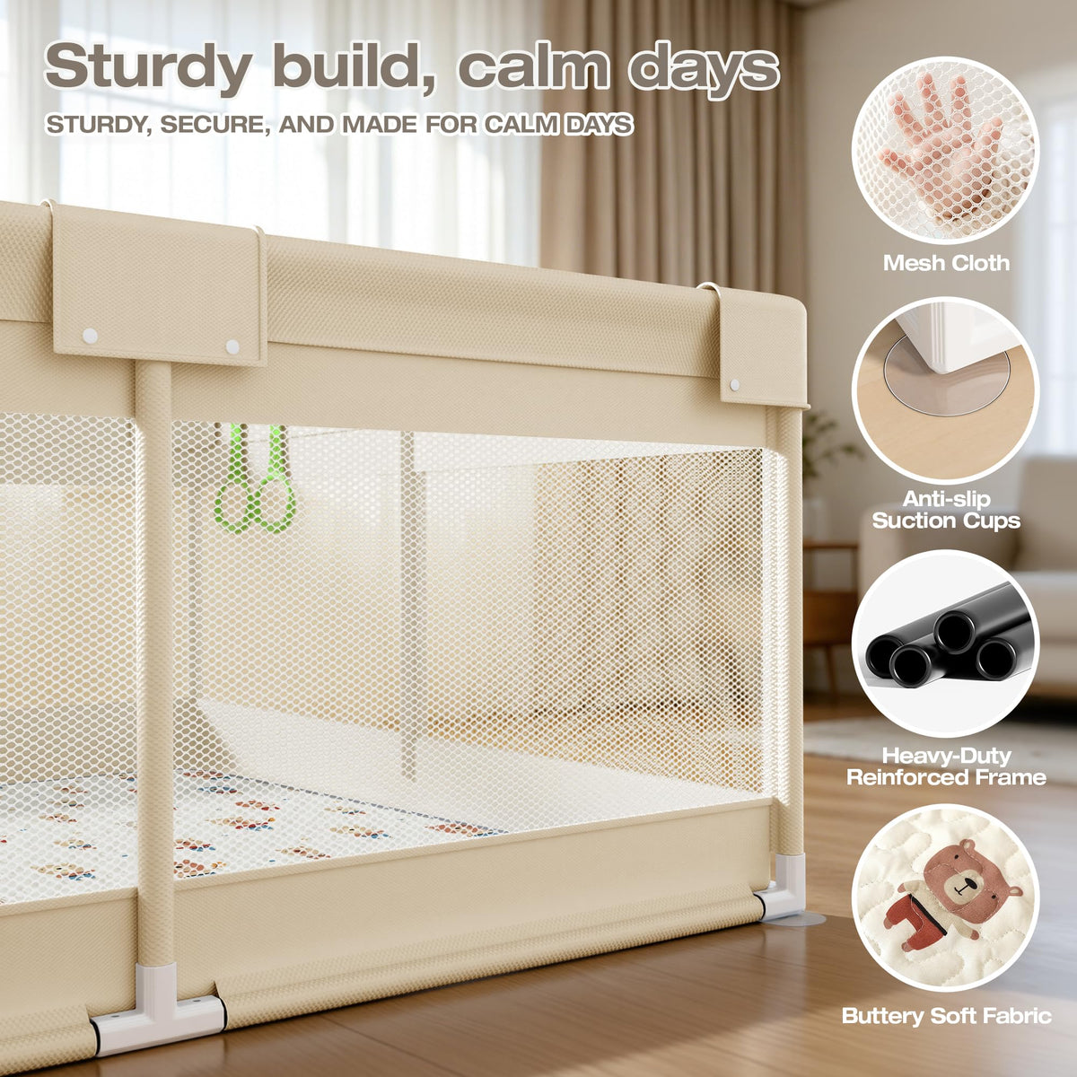 Baby Playpen with Mat, 47x47in Beige A337060