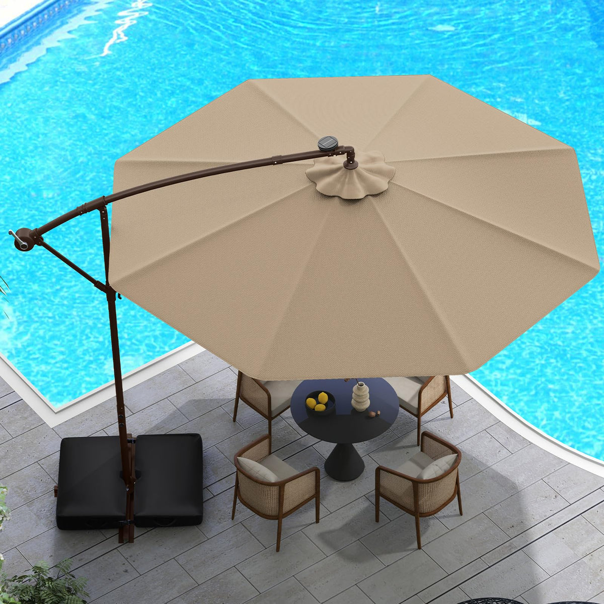 10FT Offset Patio Umbrella with Base and 40 Solar LED Lights H22407