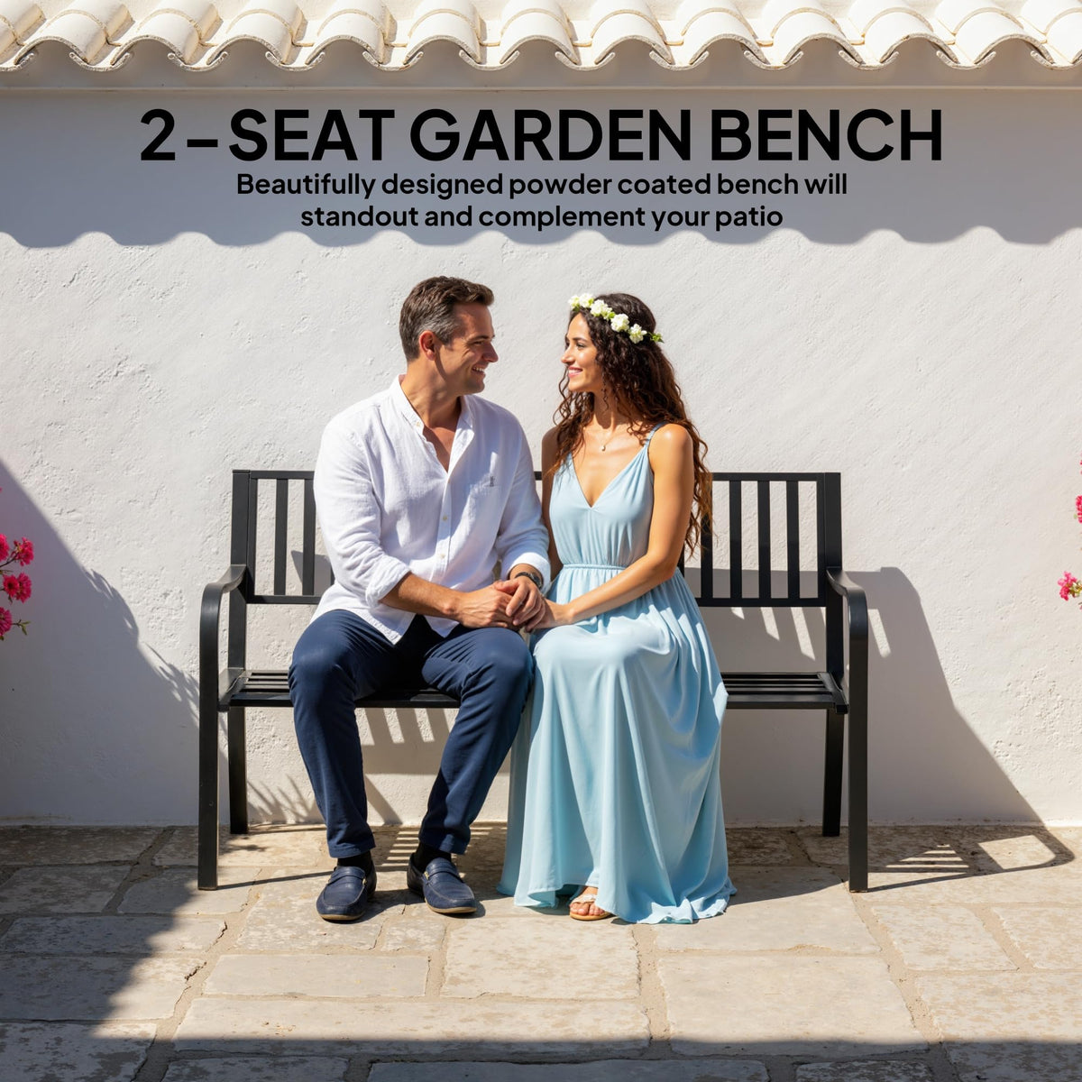 50" Outdoor Garden Bench with Slatted Seat Metal Black M273840