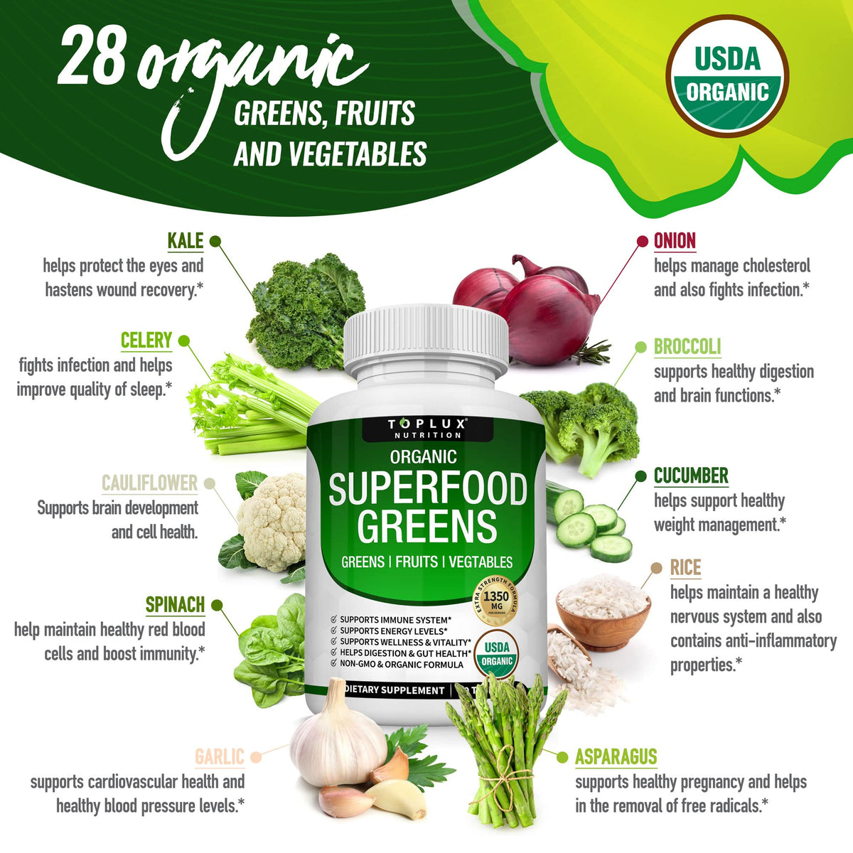 Organic Super Greens Capsules Superfood Supplement 60 Tablets N9868