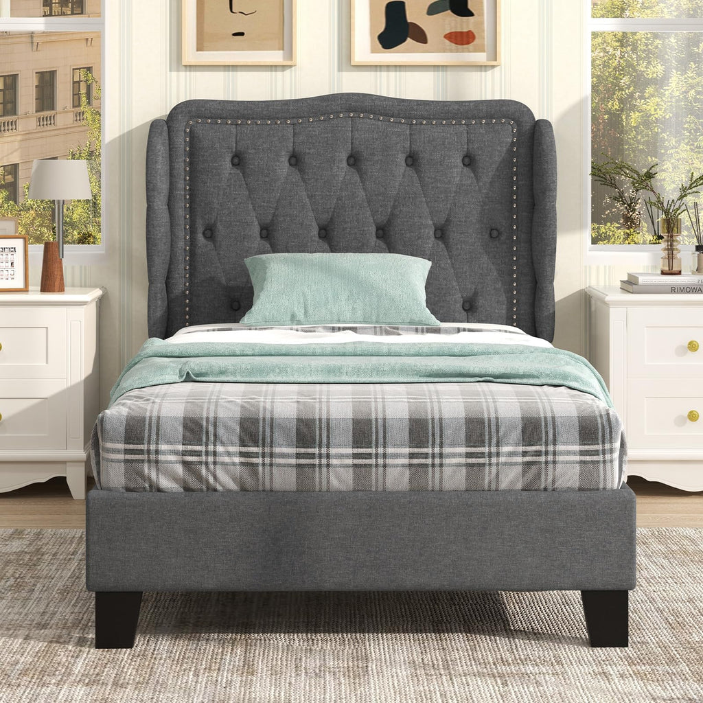 Grey Linen Upholstered Twin Bed Frame with Headboard B949849