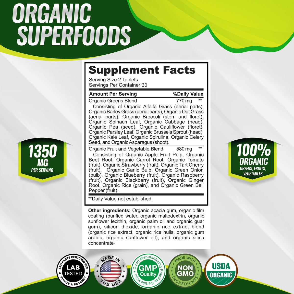 Organic Super Greens Capsules Superfood Supplement 60 Tablets N9868