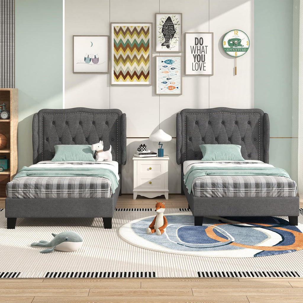 Grey Linen Upholstered Twin Bed Frame with Headboard B949849