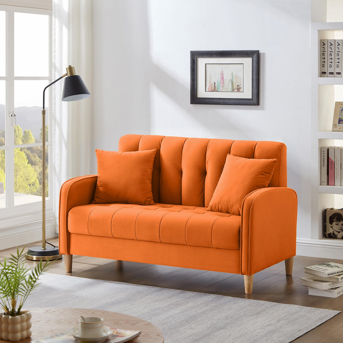 Orange Velvet Tufted Loveseat Sofa B4951