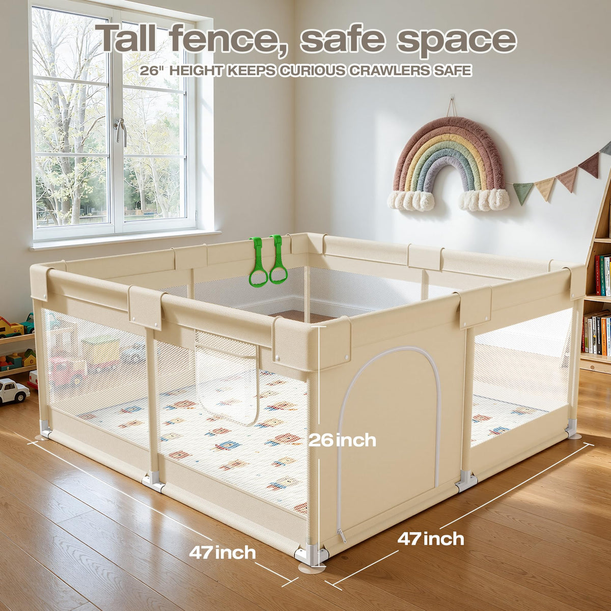 Baby Playpen with Mat, 47x47in Beige A337060