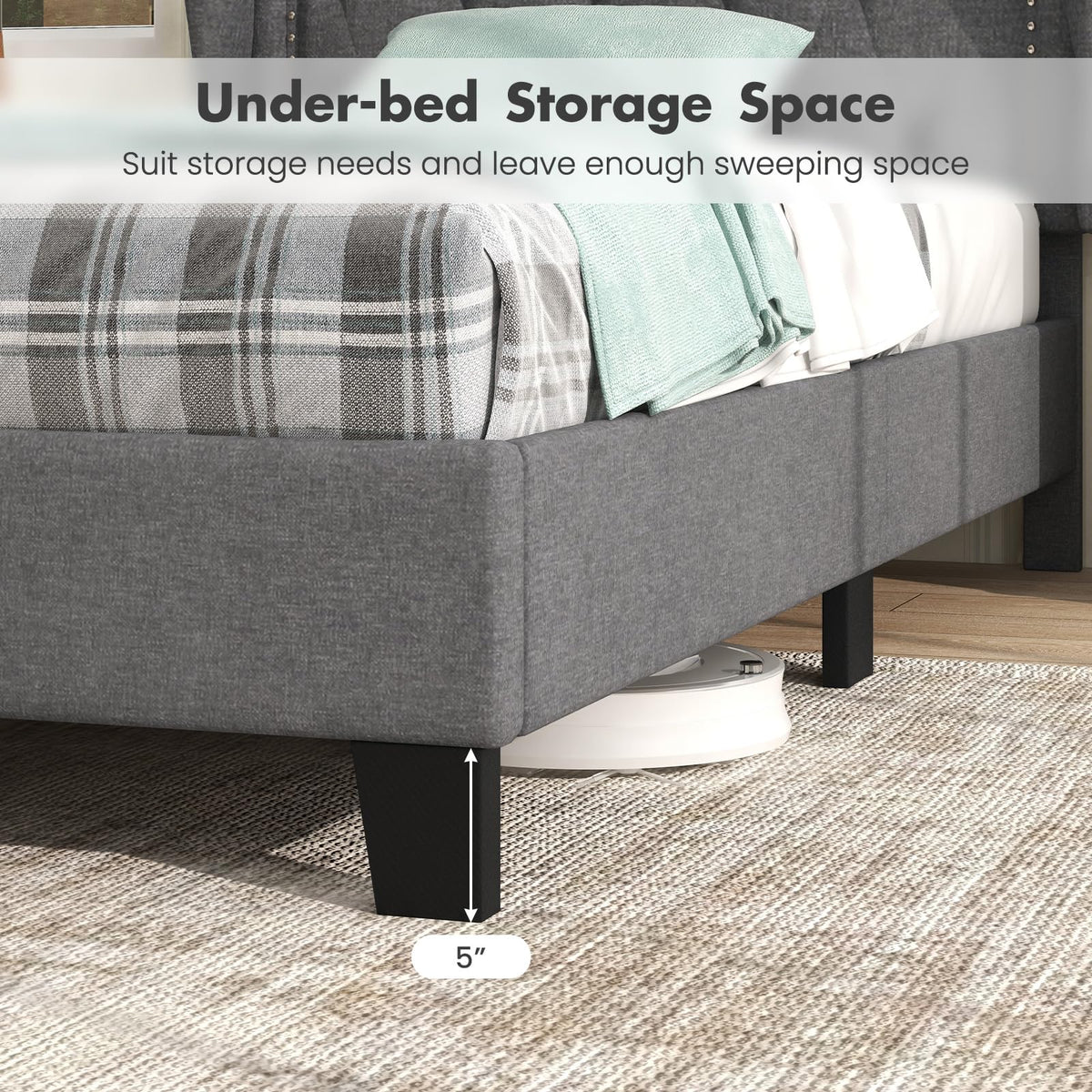 Grey Linen Upholstered Twin Bed Frame with Headboard B949849