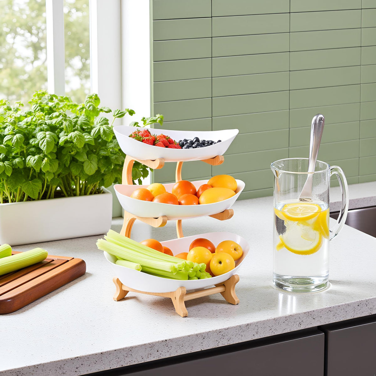 3 Tier Plastic Fruit Bowl with Bamboo Stand O1300