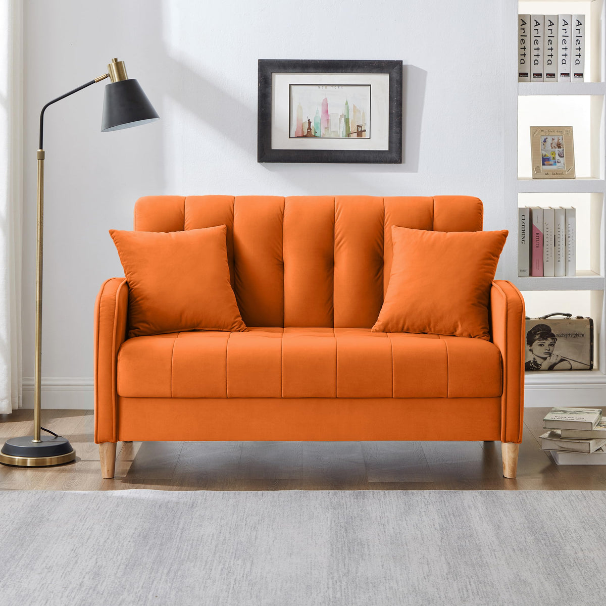 Orange Velvet Tufted Loveseat Sofa B4951