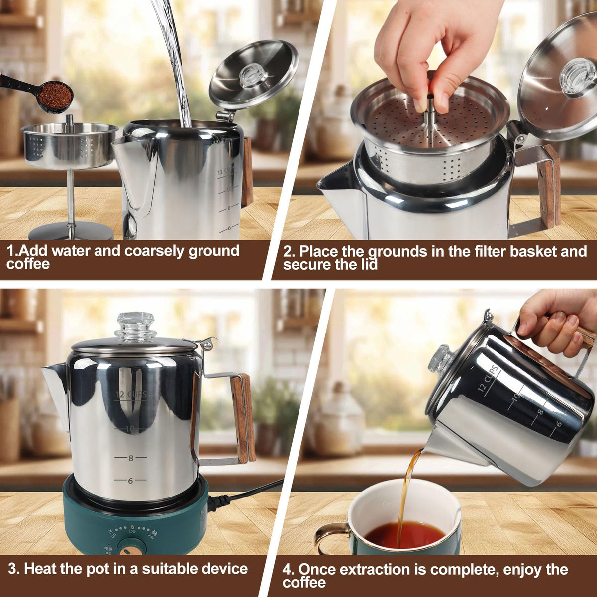 12 Cup Stainless Steel Stovetop Percolator Coffee Pot 2200ml B893886