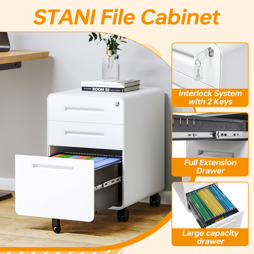 3 Drawer White Metal Filing Cabinet with Lock X3803