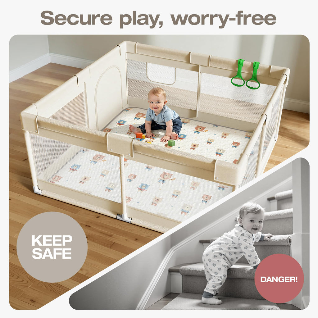 Baby Playpen with Mat, 47x47in Beige A337060