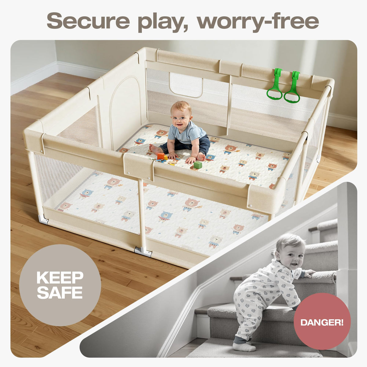 Baby Playpen with Mat, 47x47in Beige A337060