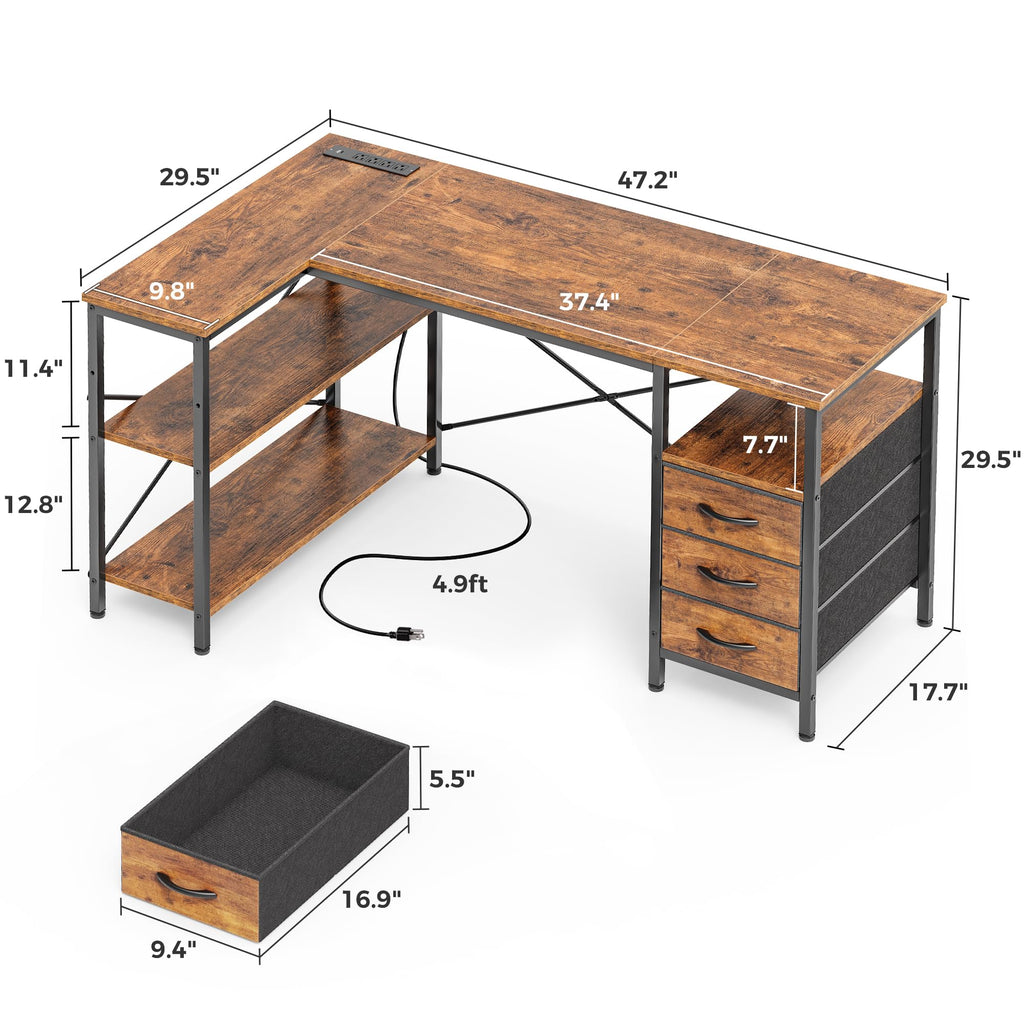 L Shaped Office Desk with Power Outlets & 3 Drawers X246
