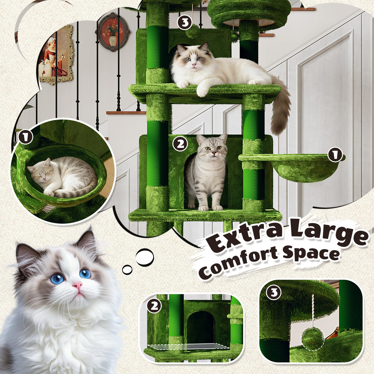 70.87" Green Multi-Level Cat Tree with Condos and Hammock U38951