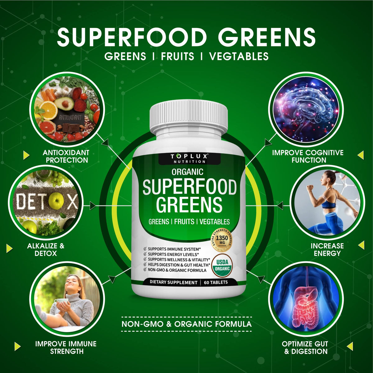 Organic Super Greens Capsules Superfood Supplement 60 Tablets N9868