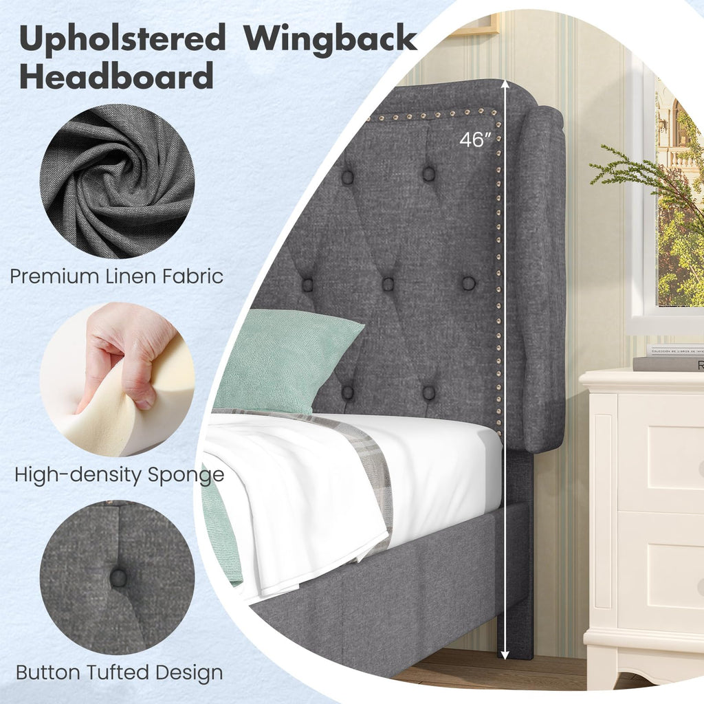 Grey Linen Upholstered Twin Bed Frame with Headboard B949849