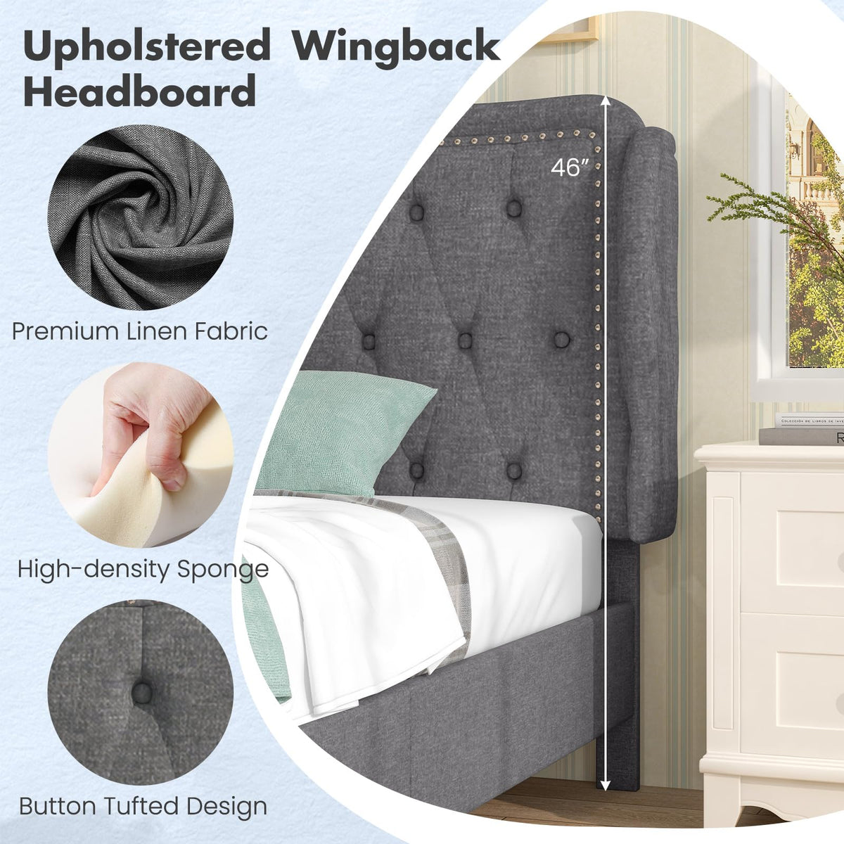 Grey Linen Upholstered Twin Bed Frame with Headboard B949849