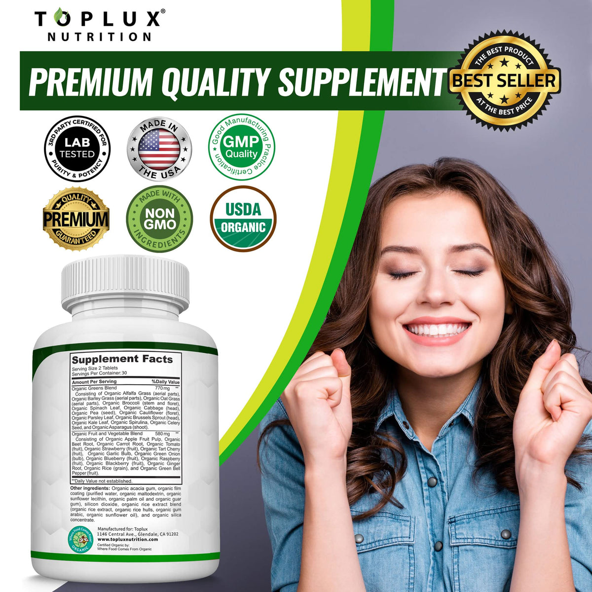 Organic Super Greens Capsules Superfood Supplement 60 Tablets N9868