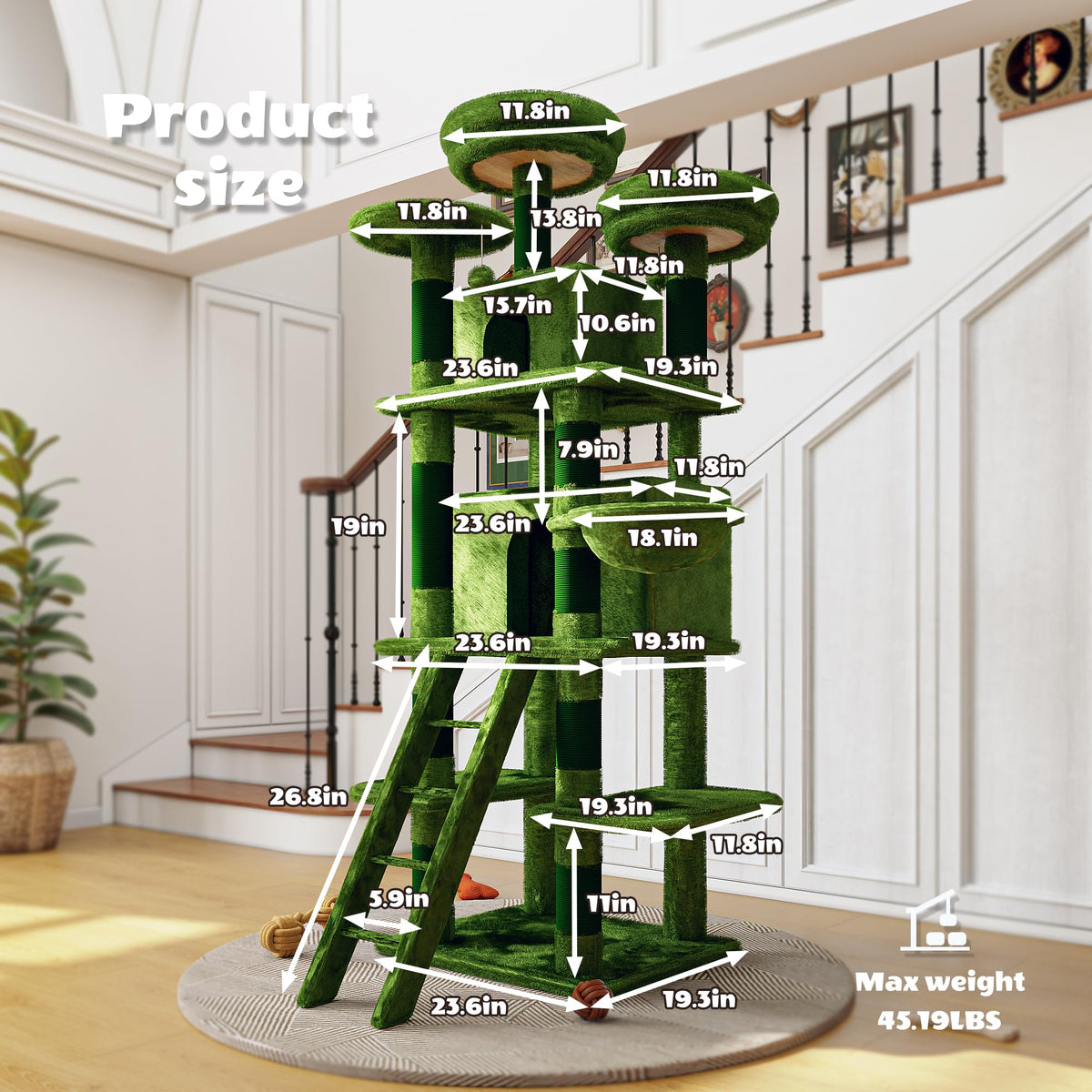 70.87" Green Multi-Level Cat Tree with Condos and Hammock U38951