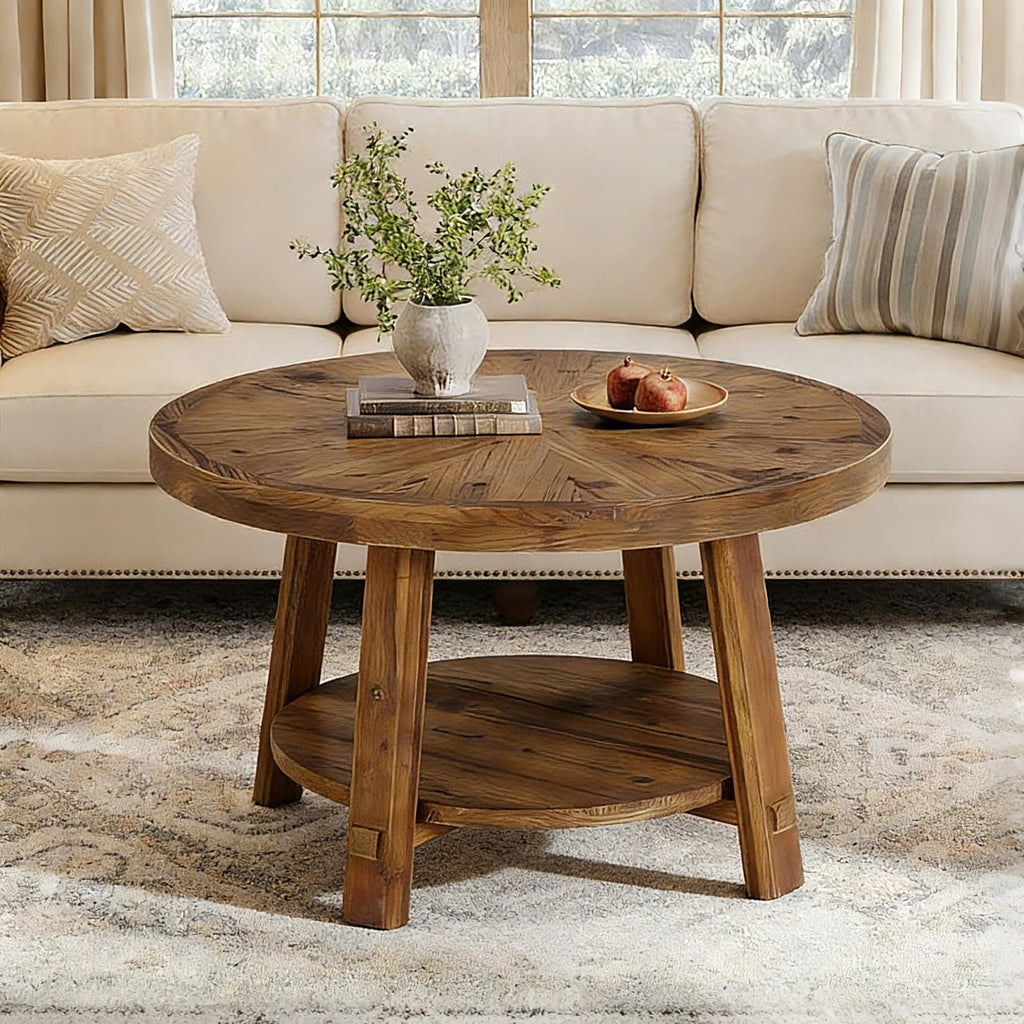 Solid Wood 2-Tier Round Coffee Table with Storage L26894