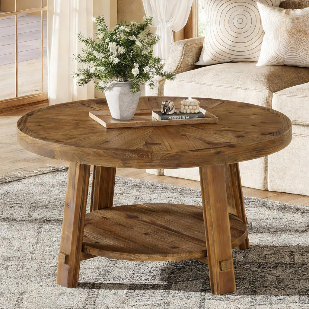 Solid Wood 2-Tier Round Coffee Table with Storage L26894