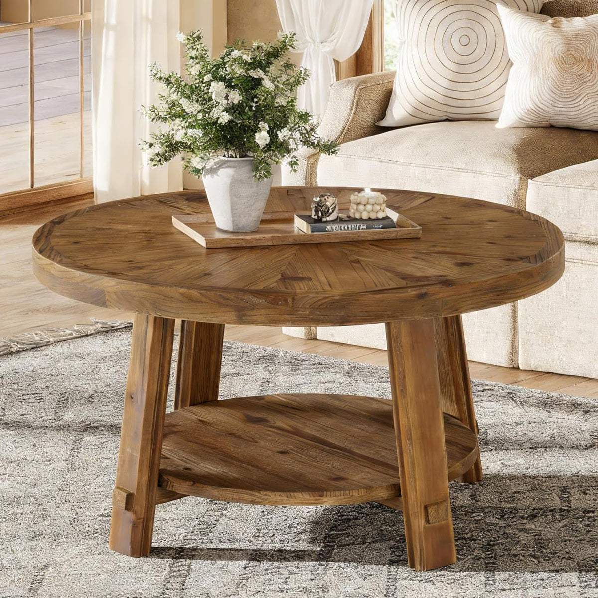 Solid Wood 2-Tier Round Coffee Table with Storage L26894