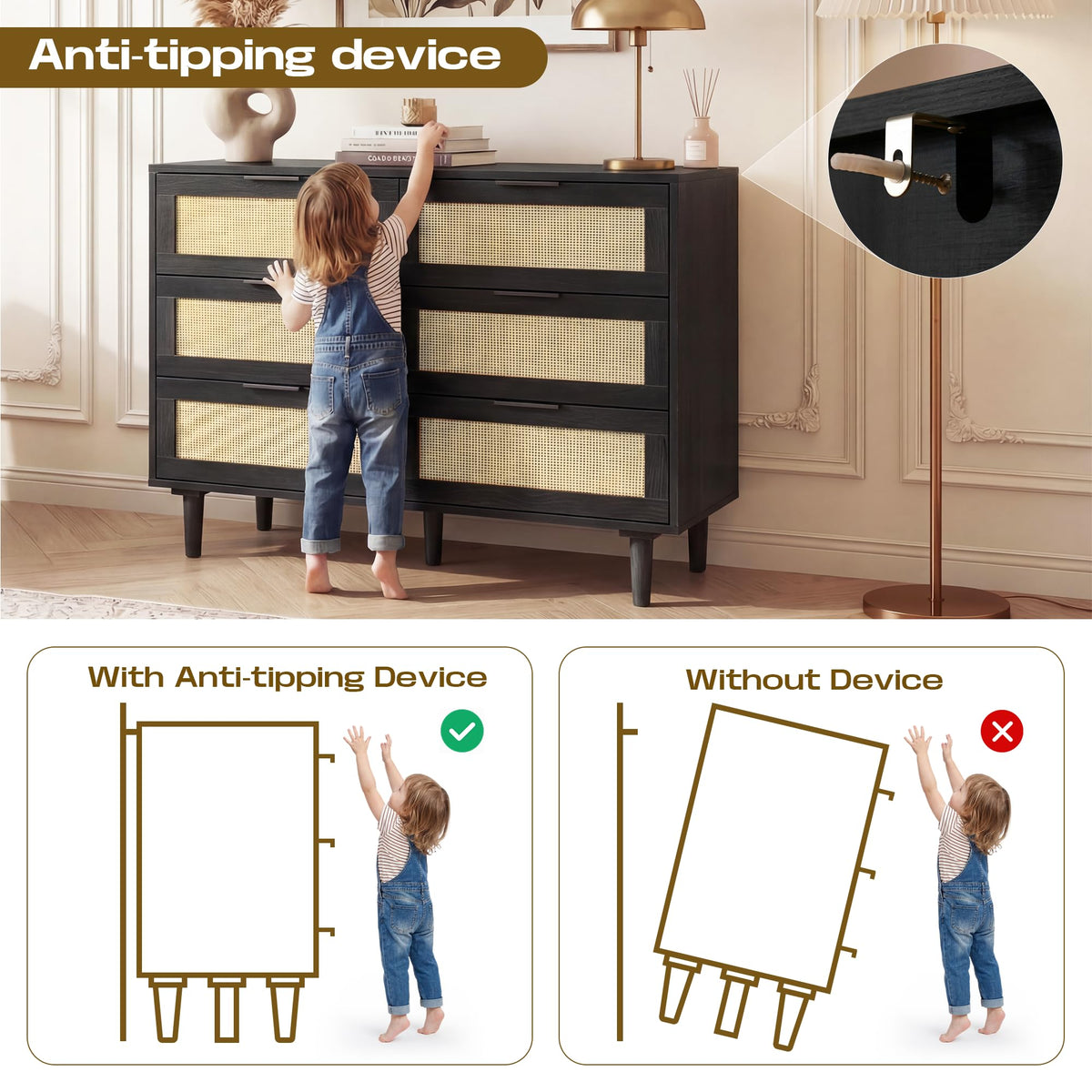6 Drawer Rattan Wood Dresser T976