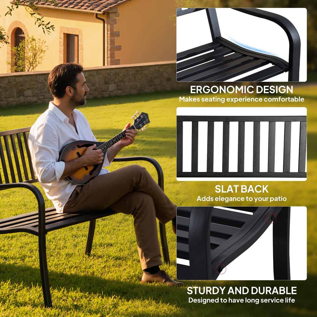 50" Outdoor Garden Bench with Slatted Seat Metal Black M273840