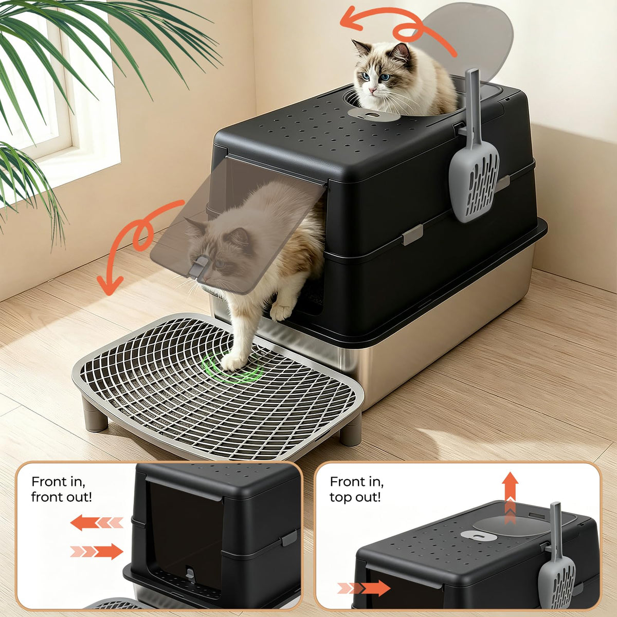 Extra Large Stainless Steel Enclosed Cat Litter Box with Lid and Scoop E439600