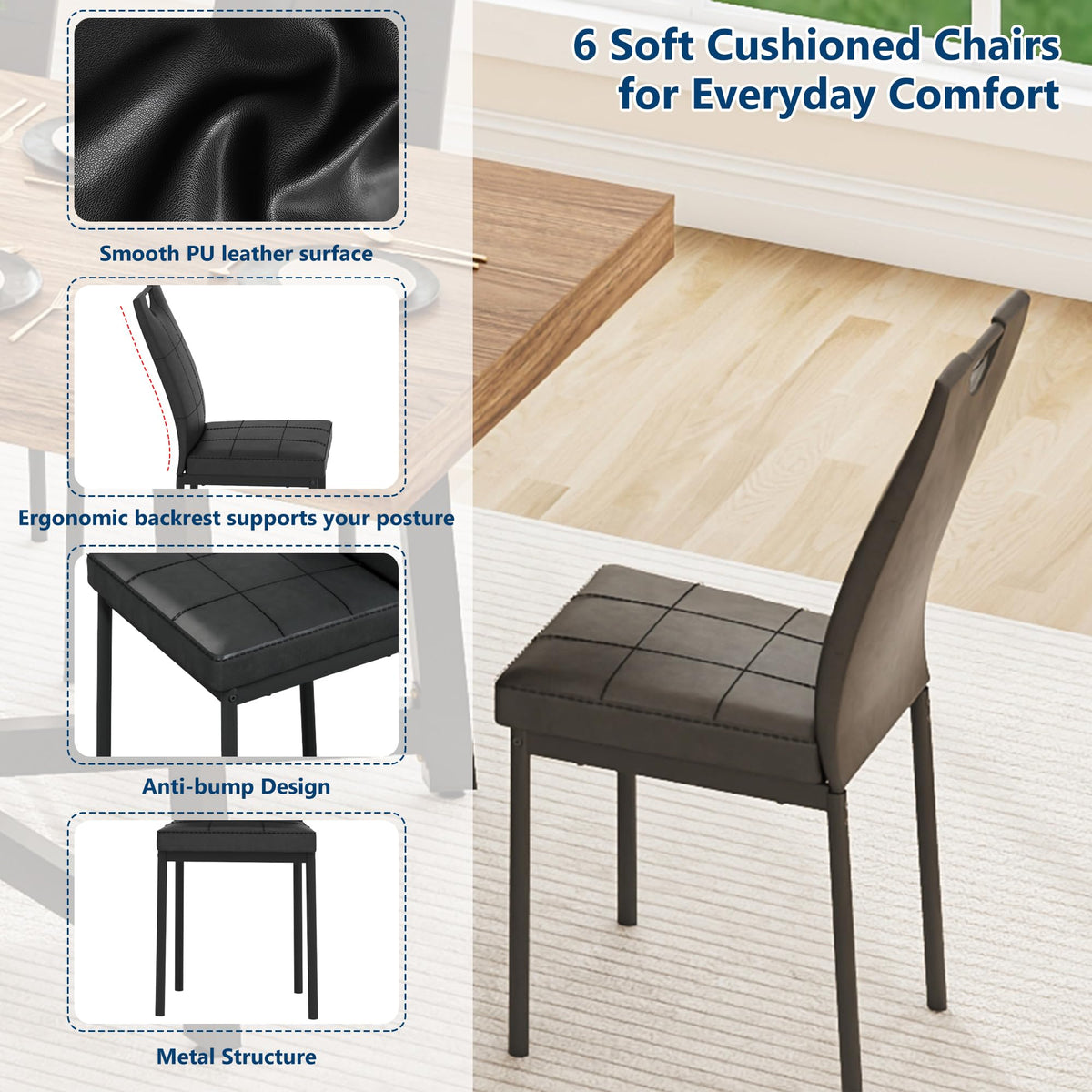 7 Pcs 71 inch Farmhouse Dining Table with Chairs Set for 6 Walnut A368334