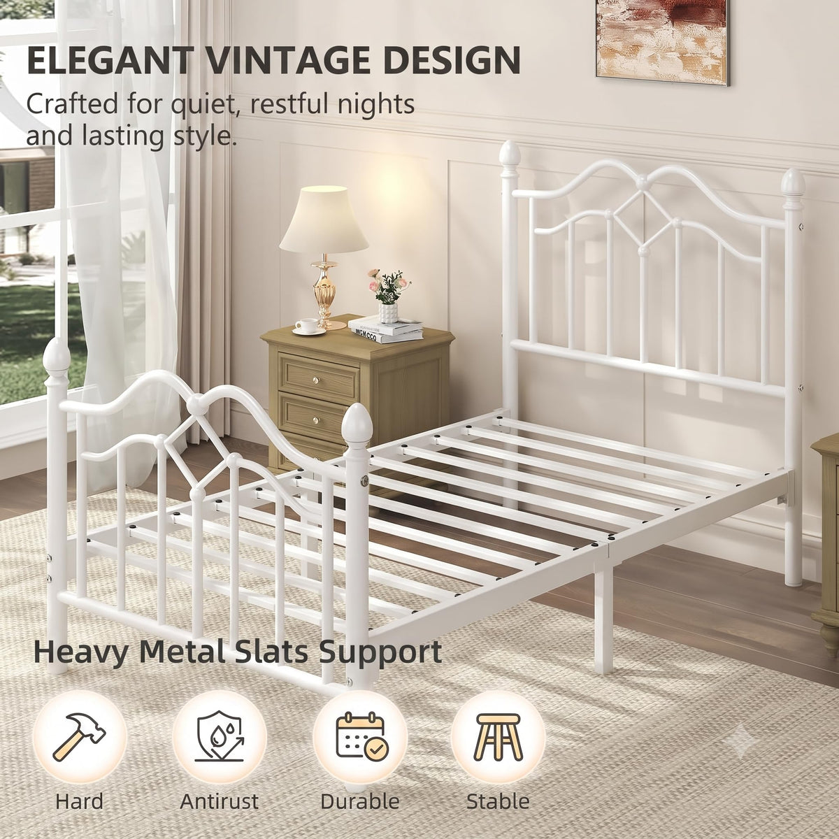Twin Size Bed Frame with Victorian Headboard & Footboard N215